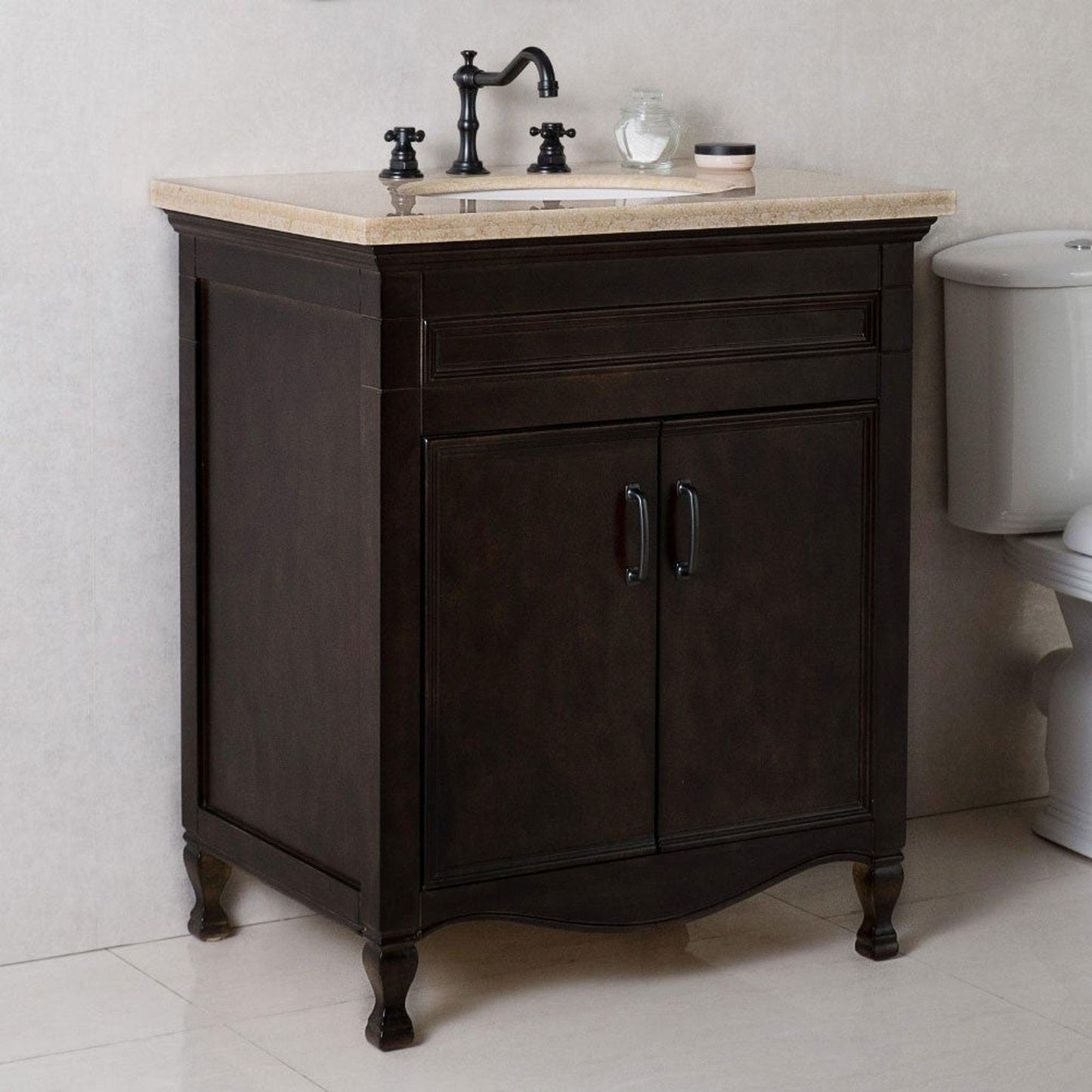 Bellaterra Home 30 2-Door Sable Walnut Freestanding Vanity Set With Ceramic Undermount Oval Sink and Cream Marble Top