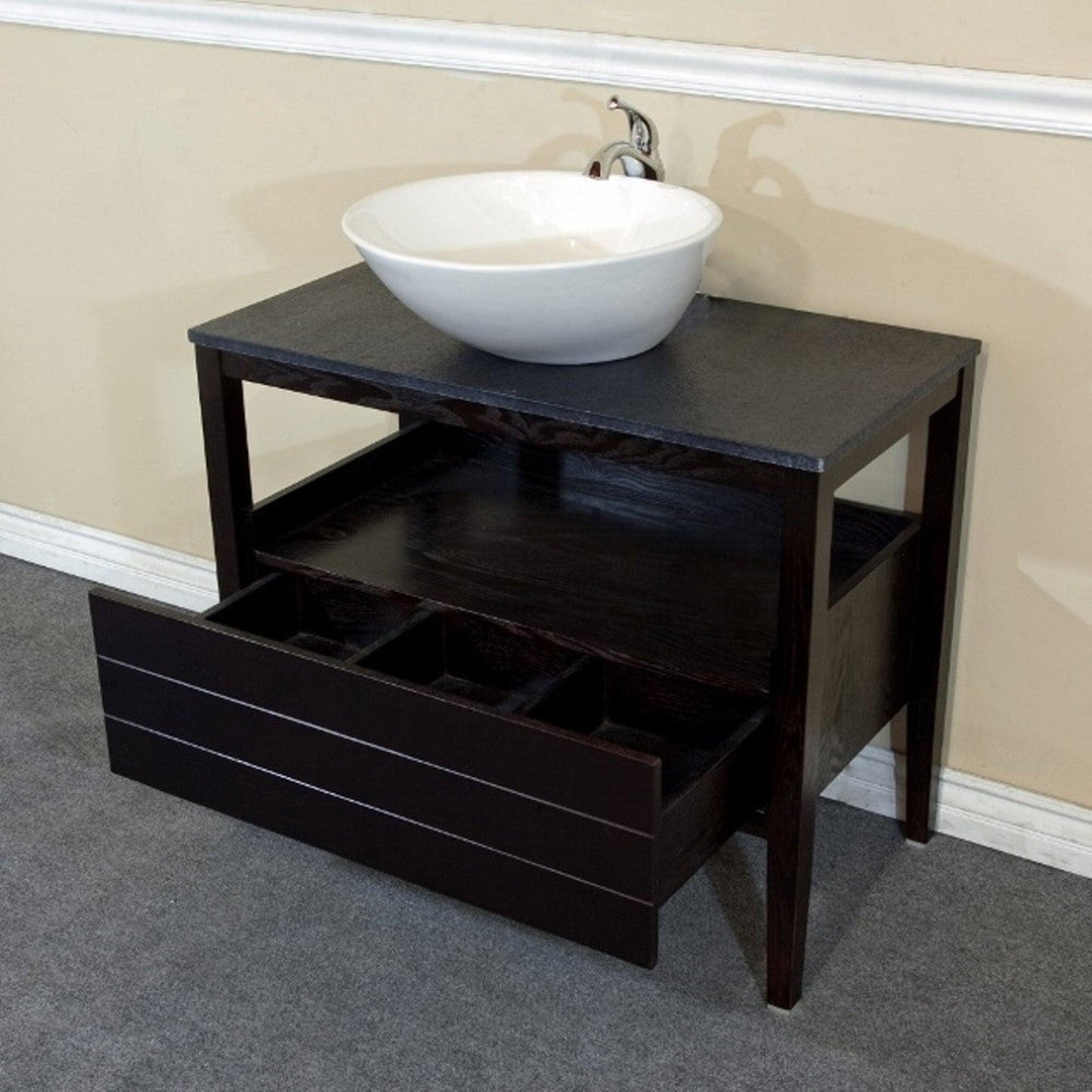Bellaterra Home 36" 1-Drawer Black Freestanding Vanity Set With Vitreous China Vessel Sink and Burnt Stone Top