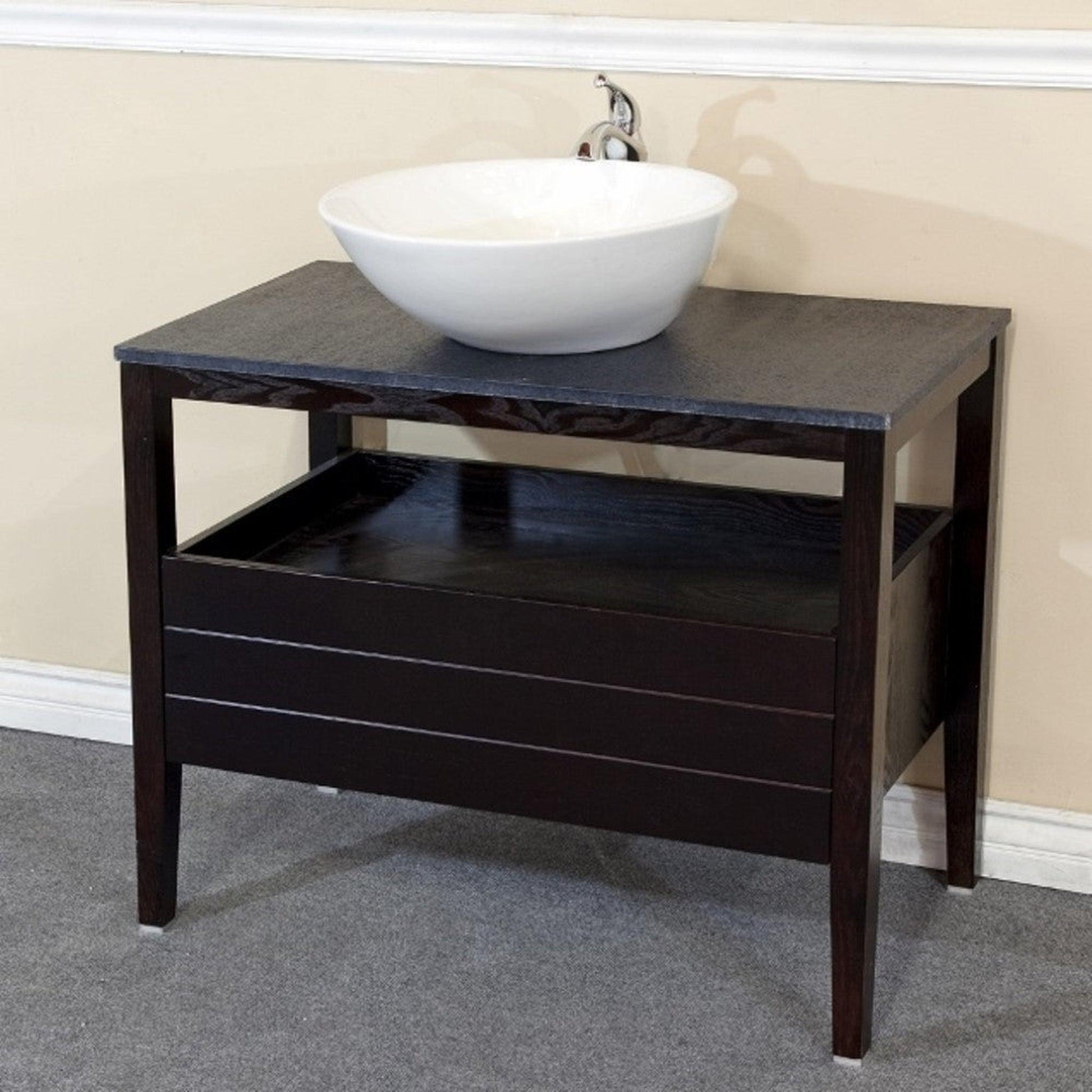 Bellaterra Home 36" 1-Drawer Black Freestanding Vanity Set With Vitreous China Vessel Sink and Burnt Stone Top