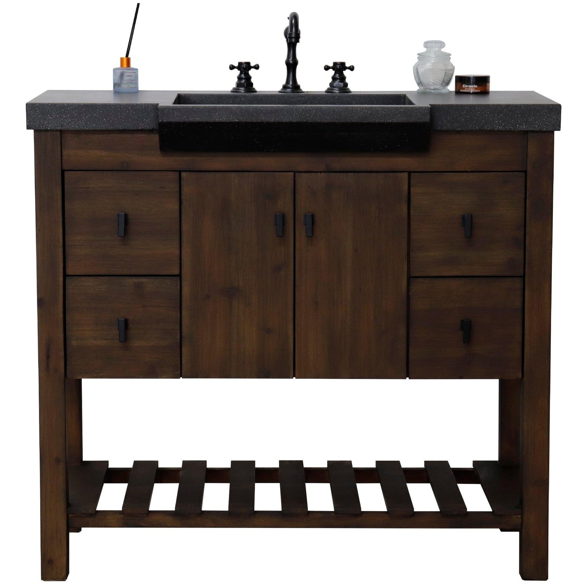 Bellaterra Home 39" 2-Door 4-Drawer Rustic Wood Freestanding Vanity Set With Concrete Integrated Rectangular Sink and Black Concrete Top, and Black Hardware