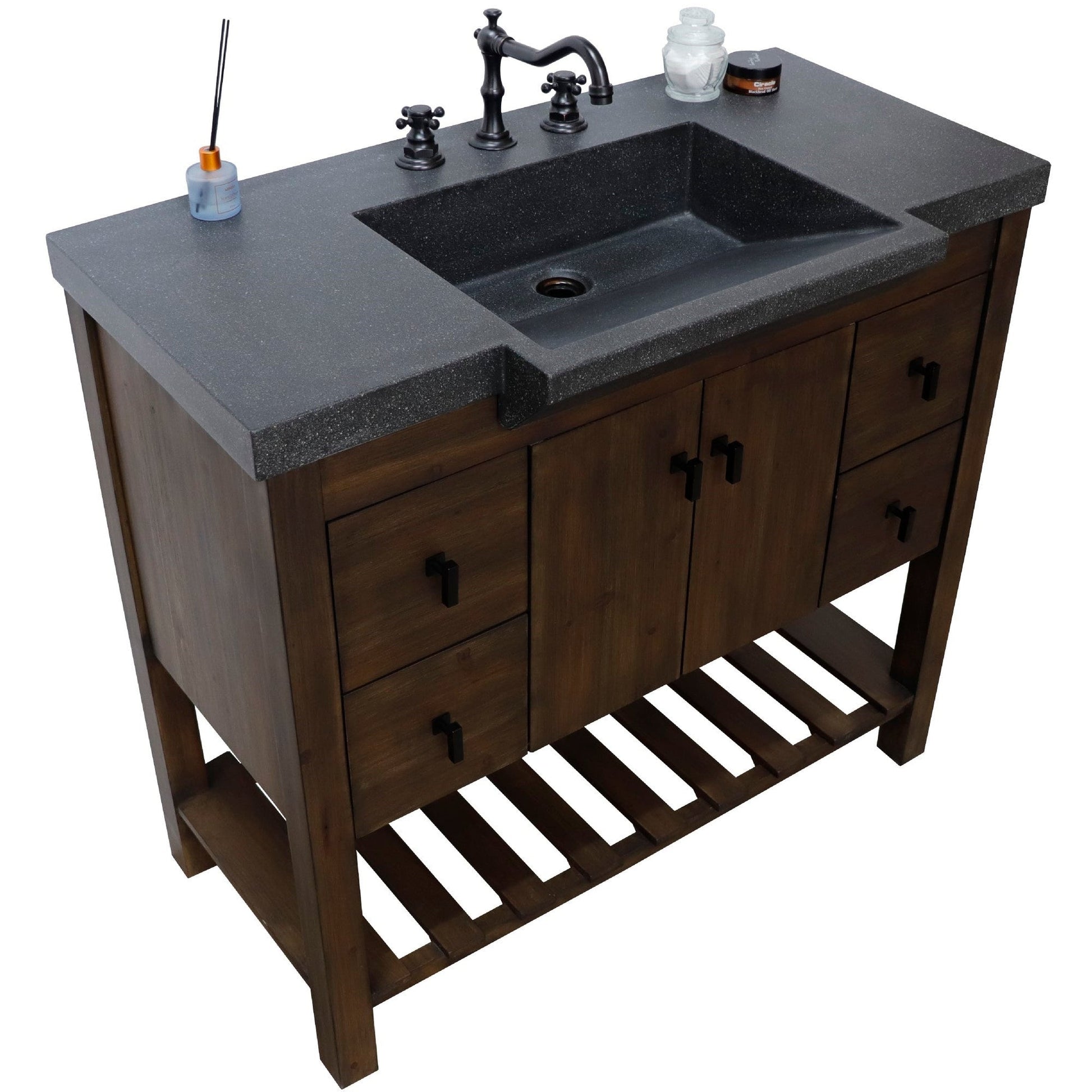 Bellaterra Home 39" 2-Door 4-Drawer Rustic Wood Freestanding Vanity Set With Concrete Integrated Rectangular Sink and Black Concrete Top, and Black Hardware