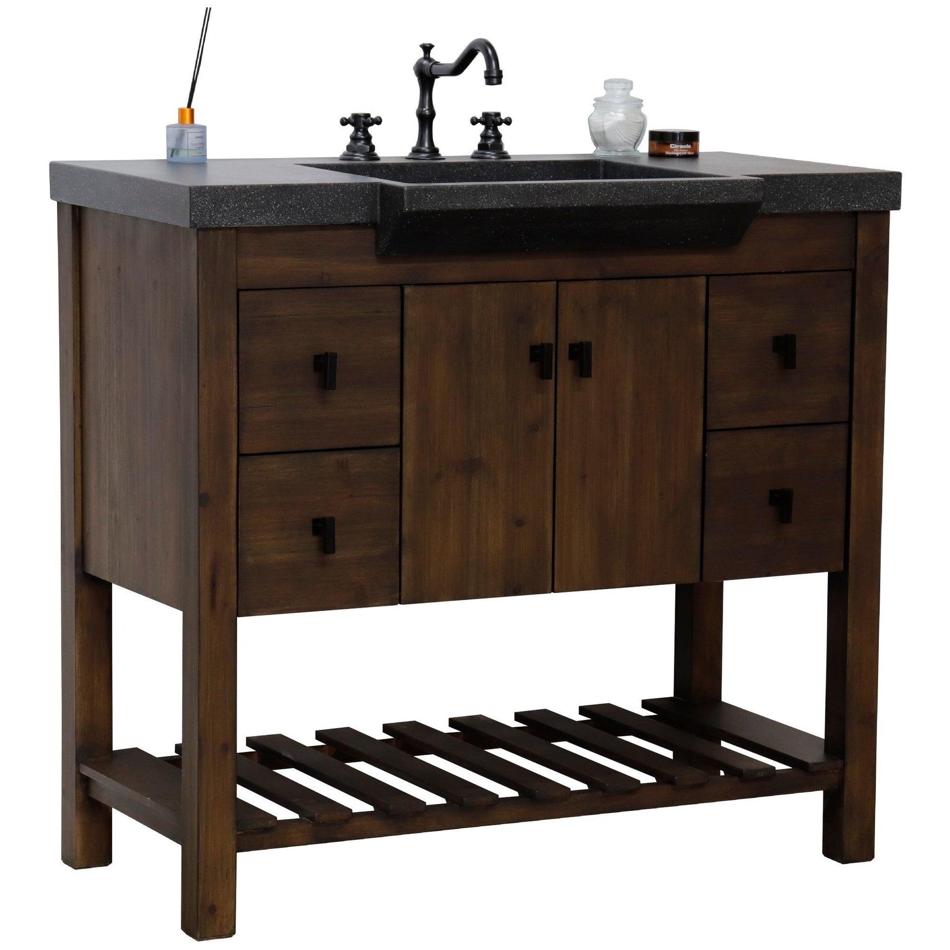 Bellaterra Home 39" 2-Door 4-Drawer Rustic Wood Freestanding Vanity Set With Concrete Integrated Rectangular Sink and Black Concrete Top, and Black Hardware