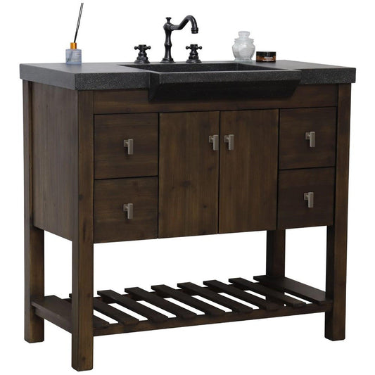 Bellaterra Home 39" 2-Door 4-Drawer Rustic Wood Freestanding Vanity Set With Concrete Integrated Rectangular Sink and Black Concrete Top, and Brushed Nickel Hardware