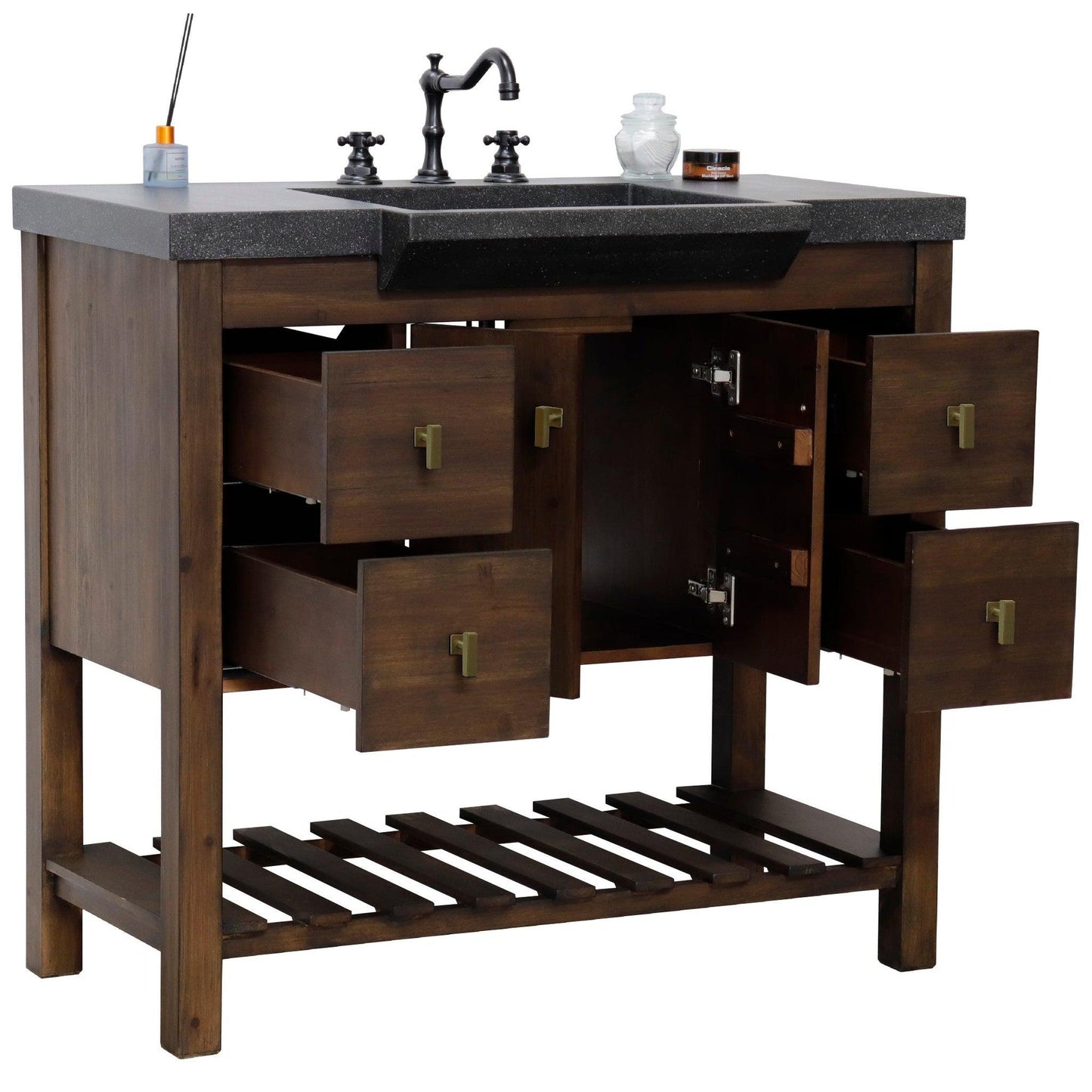 Bellaterra Home 39" 2-Door 4-Drawer Rustic Wood Freestanding Vanity Set With Concrete Integrated Rectangular Sink and Black Concrete Top, and Gold Hardware