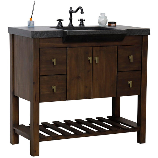 Bellaterra Home 39" 2-Door 4-Drawer Rustic Wood Freestanding Vanity Set With Concrete Integrated Rectangular Sink and Black Concrete Top, and Gold Hardware