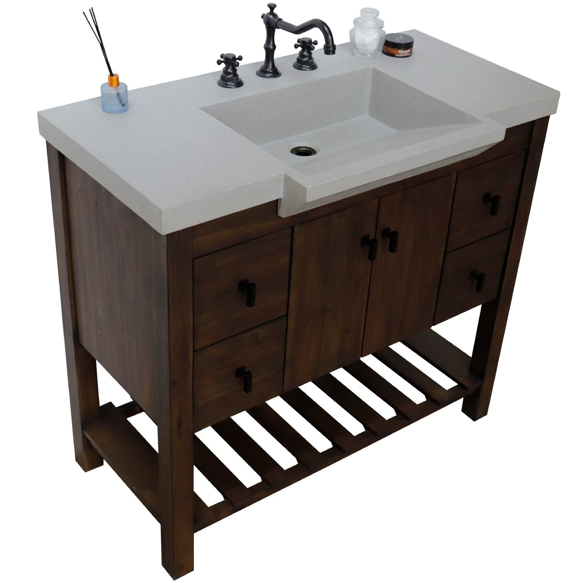 Bellaterra Home 39" 2-Door 4-Drawer Rustic Wood Freestanding Vanity Set With Concrete Integrated Rectangular Sink and Gray Concrete Top, and Black Hardware