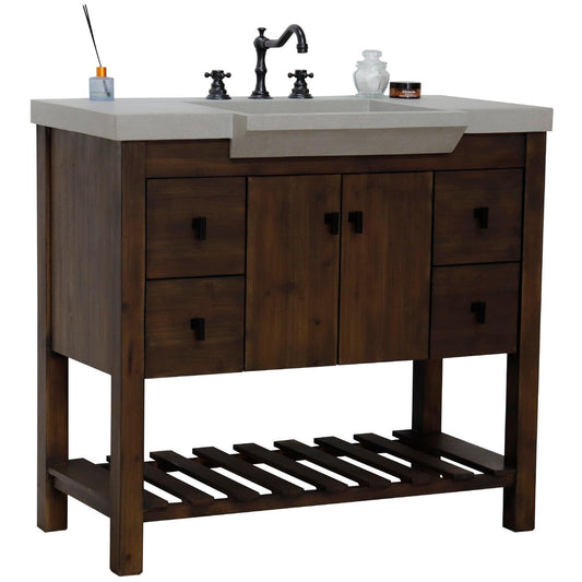 Bellaterra Home 39" 2-Door 4-Drawer Rustic Wood Freestanding Vanity Set With Concrete Integrated Rectangular Sink and Gray Concrete Top, and Black Hardware