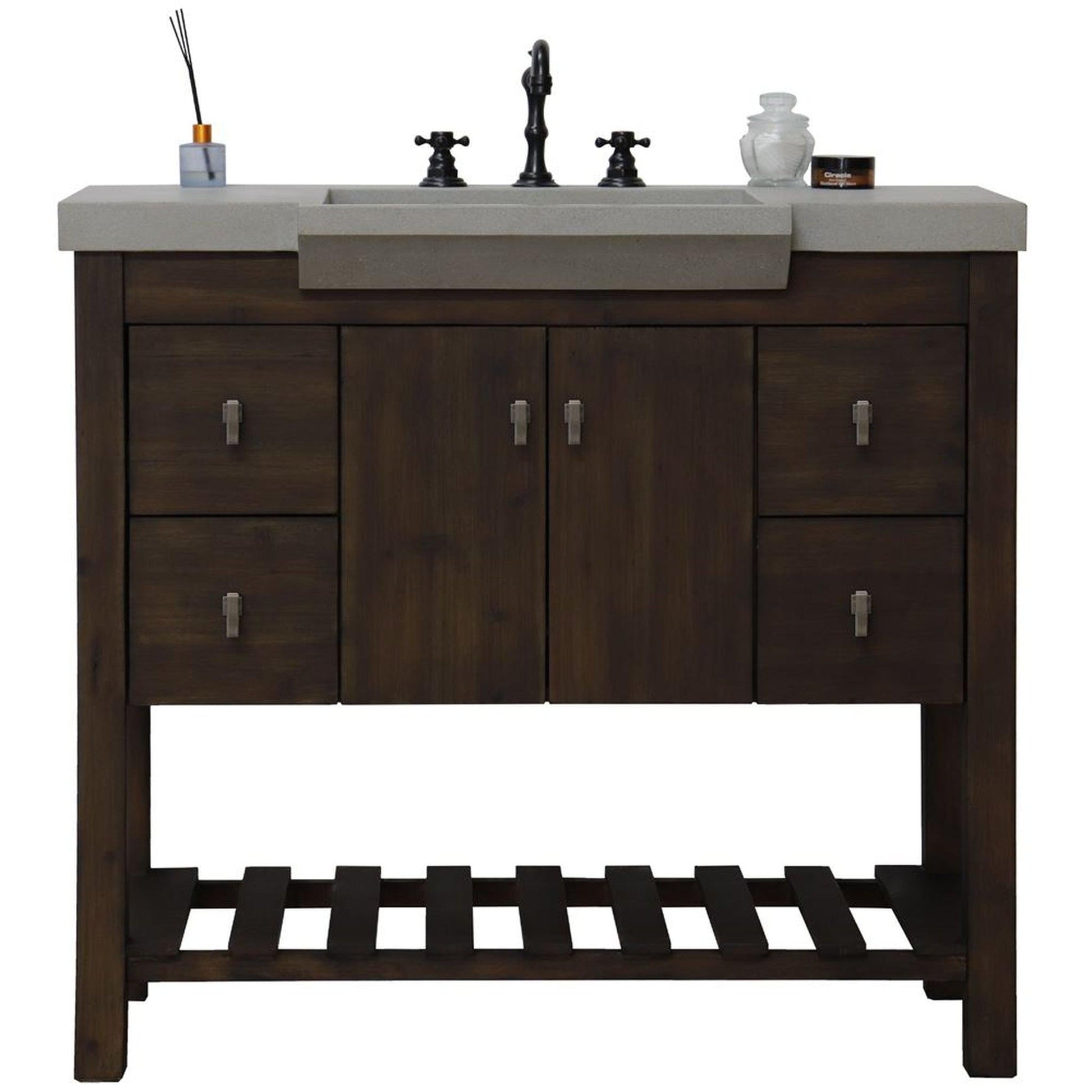 Bellaterra Home 39" 2-Door 4-Drawer Rustic Wood Freestanding Vanity Set With Concrete Integrated Rectangular Sink and Gray Concrete Top, and Brushed Nickel Hardware