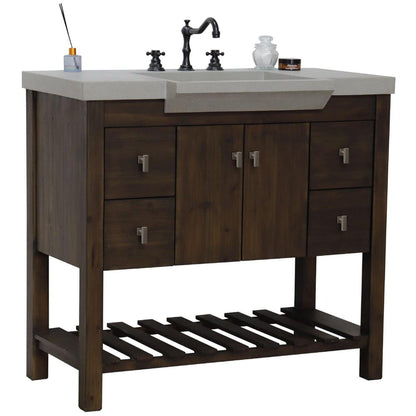 Bellaterra Home 39" 2-Door 4-Drawer Rustic Wood Freestanding Vanity Set With Concrete Integrated Rectangular Sink and Gray Concrete Top, and Brushed Nickel Hardware