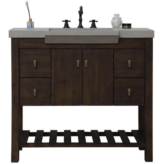 Bellaterra Home 39" 2-Door 4-Drawer Rustic Wood Freestanding Vanity Set With Concrete Integrated Rectangular Sink and Gray Concrete Top, and Gold Hardware