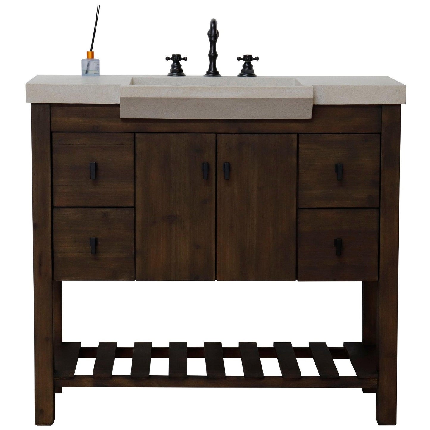 Bellaterra Home 39" 2-Door 4-Drawer Rustic Wood Freestanding Vanity Set With Concrete Integrated Rectangular Sink and Sandy White Concrete Top, and Black Hardware