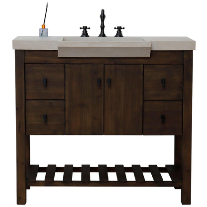 Bellaterra Home 39" 2-Door 4-Drawer Rustic Wood Freestanding Vanity Set With Concrete Integrated Rectangular Sink and Sandy White Concrete Top, and Black Hardware