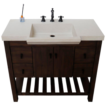 Bellaterra Home 39" 2-Door 4-Drawer Rustic Wood Freestanding Vanity Set With Concrete Integrated Rectangular Sink and Sandy White Concrete Top, and Black Hardware