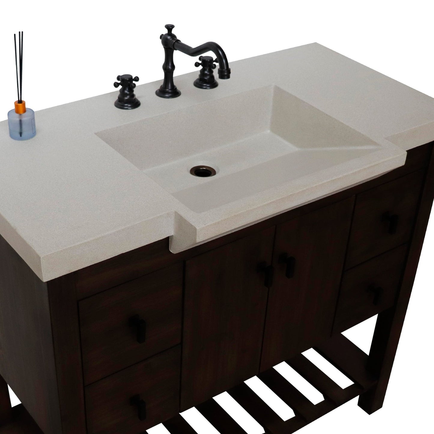 Bellaterra Home 39" 2-Door 4-Drawer Rustic Wood Freestanding Vanity Set With Concrete Integrated Rectangular Sink and Sandy White Concrete Top, and Black Hardware