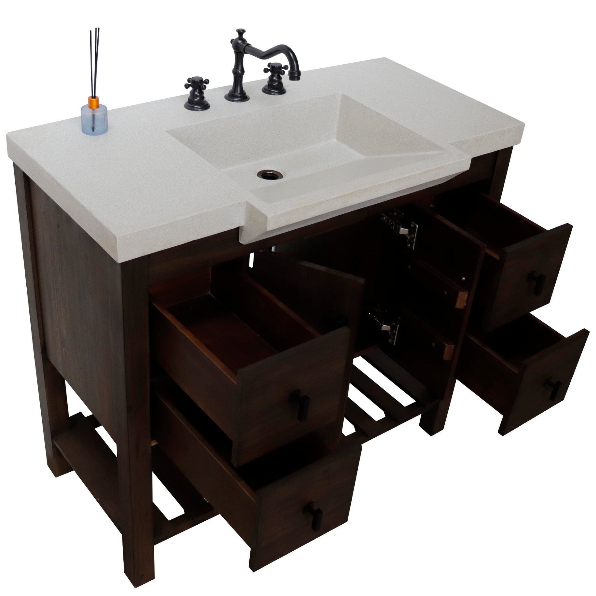 Bellaterra Home 39" 2-Door 4-Drawer Rustic Wood Freestanding Vanity Set With Concrete Integrated Rectangular Sink and Sandy White Concrete Top, and Black Hardware