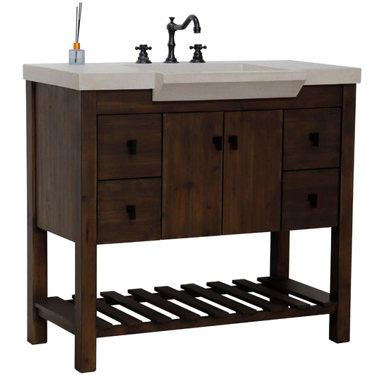 Bellaterra Home 39" 2-Door 4-Drawer Rustic Wood Freestanding Vanity Set With Concrete Integrated Rectangular Sink and Sandy White Concrete Top, and Black Hardware