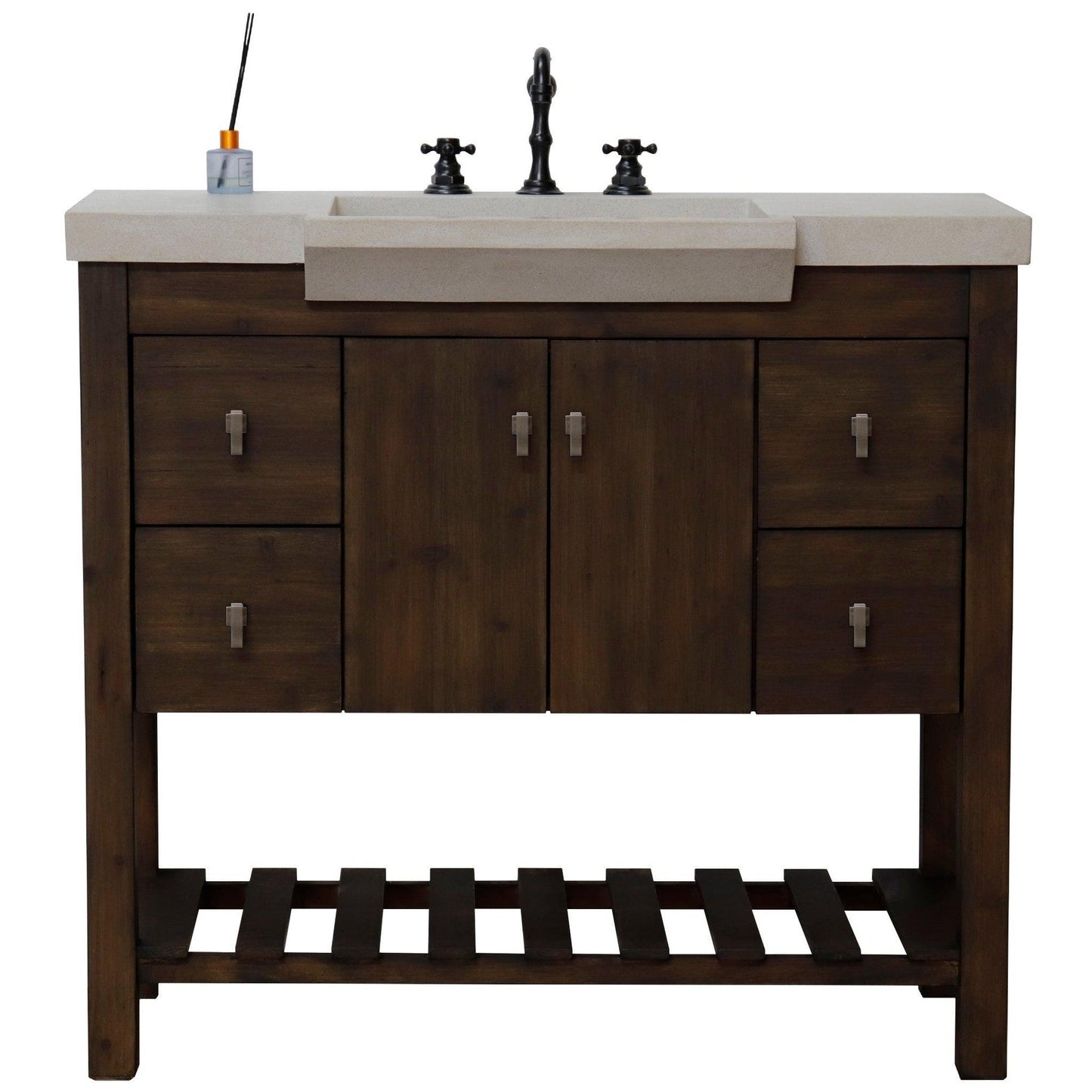 Bellaterra Home 39" 2-Door 4-Drawer Rustic Wood Freestanding Vanity Set With Concrete Integrated Rectangular Sink and Sandy White Concrete Top, and Brushed Nickel Hardware