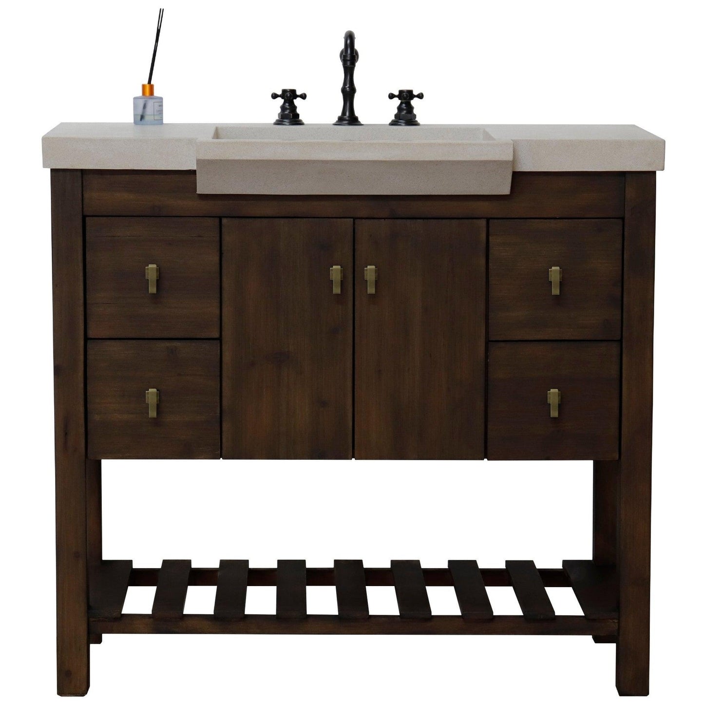 Bellaterra Home 39" 2-Door 4-Drawer Rustic Wood Freestanding Vanity Set With Concrete Integrated Rectangular Sink and Sandy White Concrete Top, and Gold Hardware