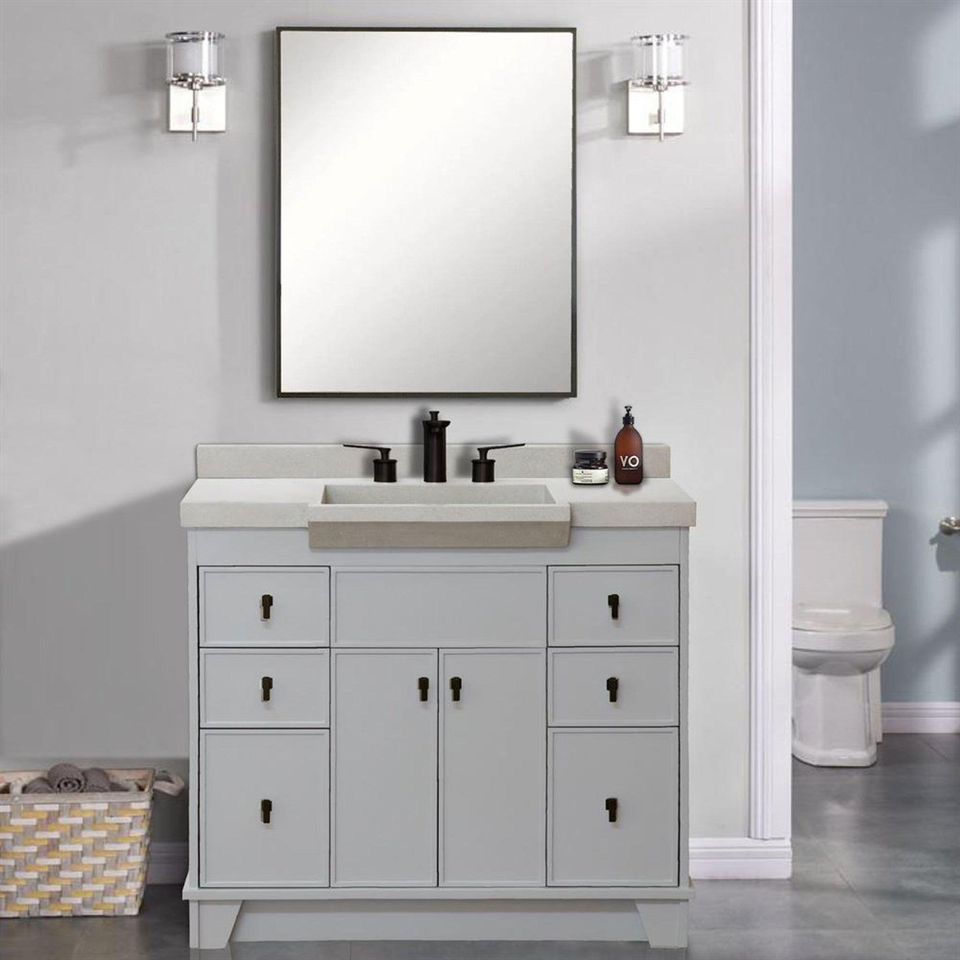 Bellaterra Home 39" 2-Door 6-Drawer Gray Freestanding Vanity Set With Concrete Integrated Sink and White Sand Concrete Top, and Black Hardware