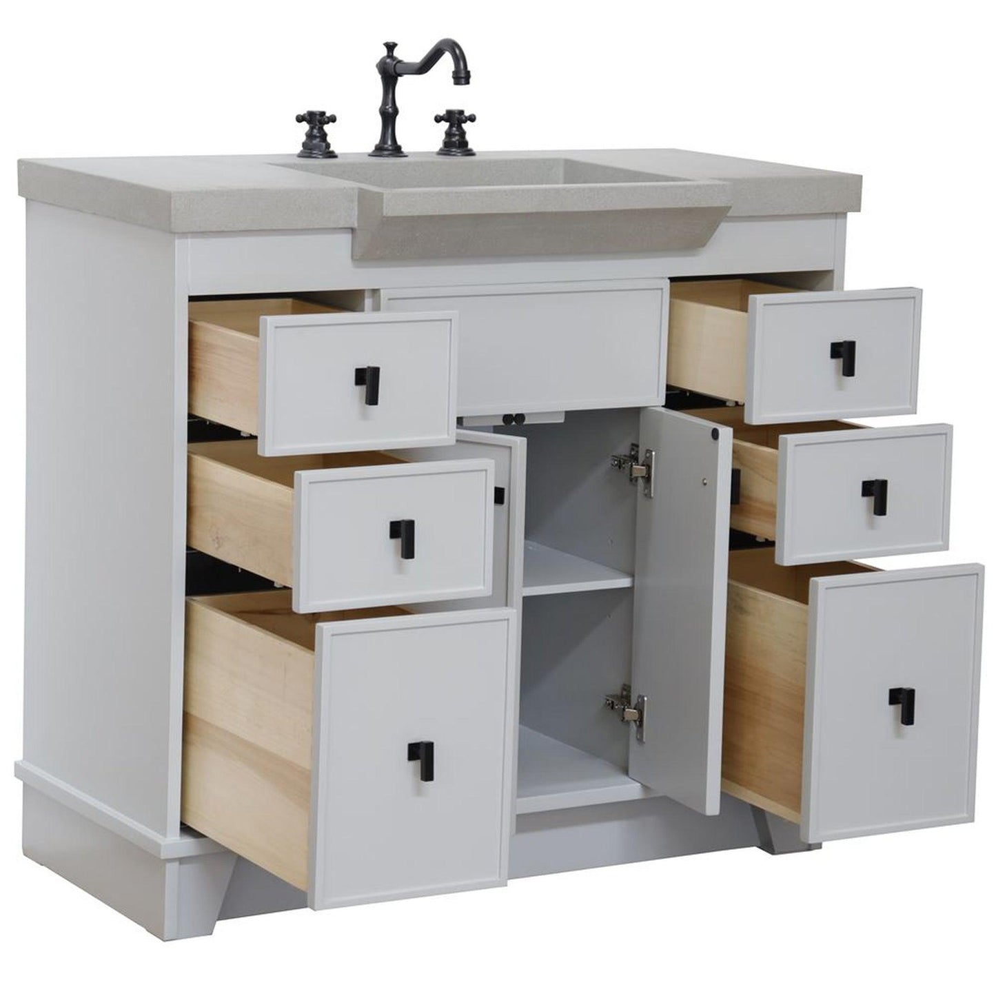 Bellaterra Home 39" 2-Door 6-Drawer Gray Freestanding Vanity Set With Concrete Integrated Sink and White Sand Concrete Top, and Black Hardware