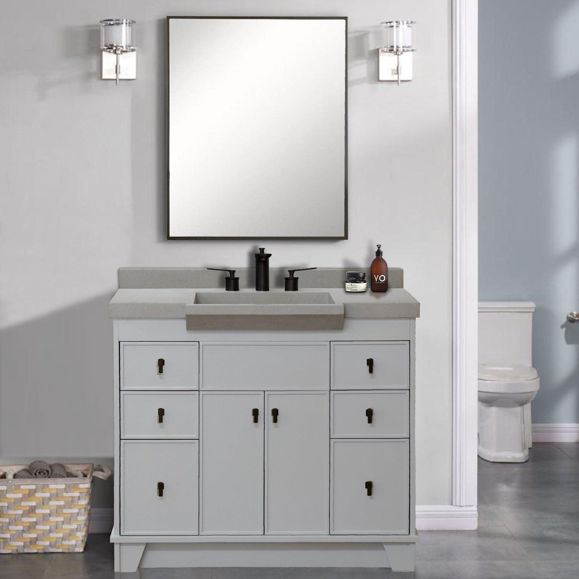 Bellaterra Home 39" 2-Door 6-Drawer Gray Freestanding Vanity Set With Concrete Integrated Sink and White Sand Concrete Top, and Brushed Gold Hardware