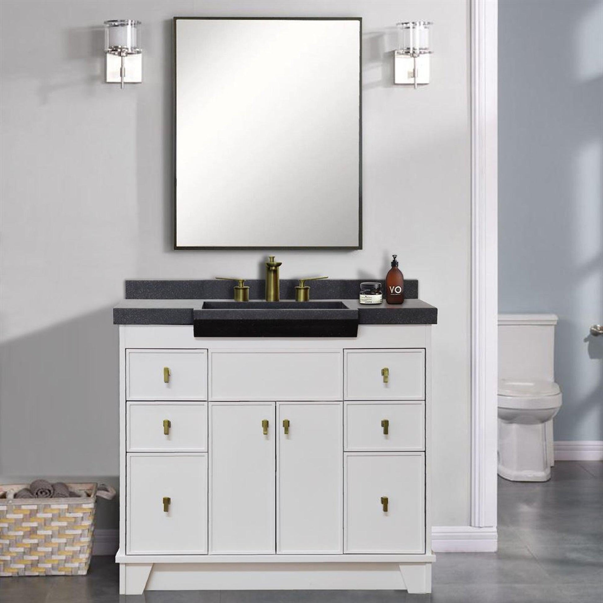 Bellaterra Home 39" 2-Door 6-Drawer White Freestanding Vanity Set With Concrete Integrated Sink and Black Concrete Top, and Brushed Gold Hardware