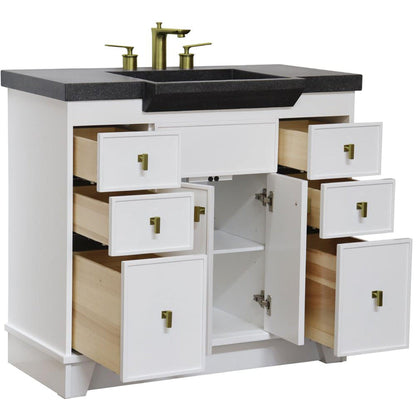 Bellaterra Home 39" 2-Door 6-Drawer White Freestanding Vanity Set With Concrete Integrated Sink and Black Concrete Top, and Brushed Gold Hardware