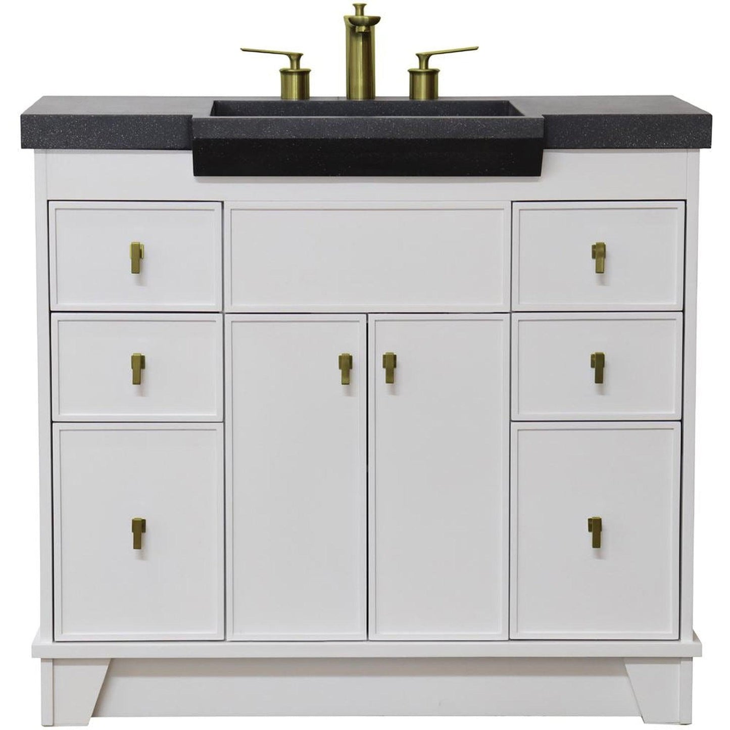 Bellaterra Home 39" 2-Door 6-Drawer White Freestanding Vanity Set With Concrete Integrated Sink and Black Concrete Top, and Brushed Gold Hardware