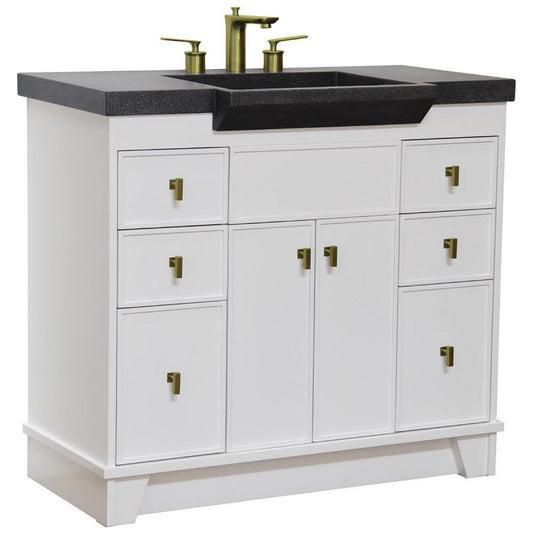 Bellaterra Home 39" 2-Door 6-Drawer White Freestanding Vanity Set With Concrete Integrated Sink and Black Concrete Top, and Brushed Gold Hardware