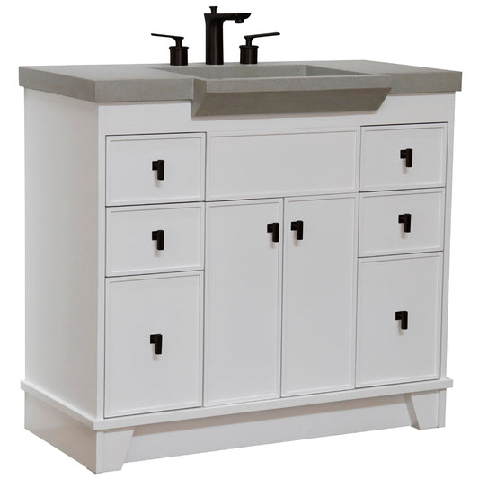 Bellaterra Home 39" 2-Door 6-Drawer White Freestanding Vanity Set With Concrete Integrated Sink and Gray Concrete Top, and Black Hardware