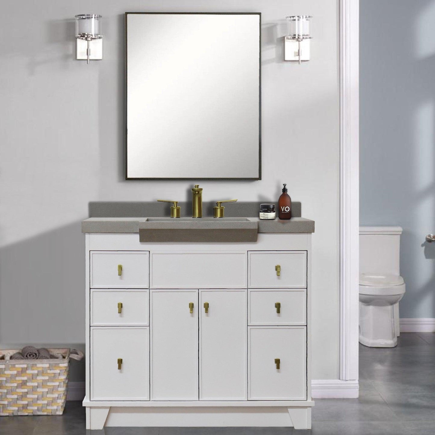 Bellaterra Home 39" 2-Door 6-Drawer White Freestanding Vanity Set With Concrete Integrated Sink and Gray Concrete Top, and Brushed Gold Hardware