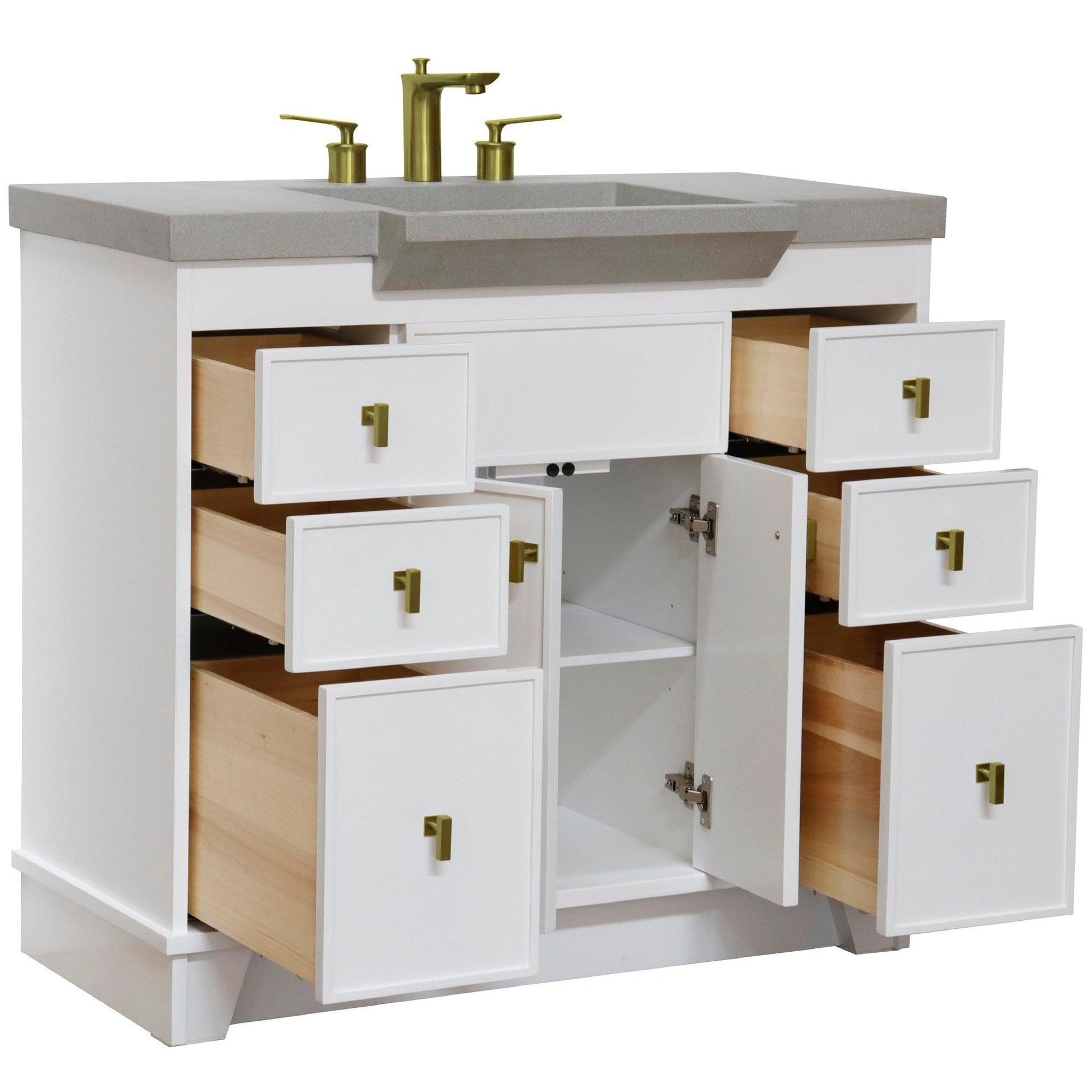 Bellaterra Home 39" 2-Door 6-Drawer White Freestanding Vanity Set With Concrete Integrated Sink and Gray Concrete Top, and Brushed Gold Hardware