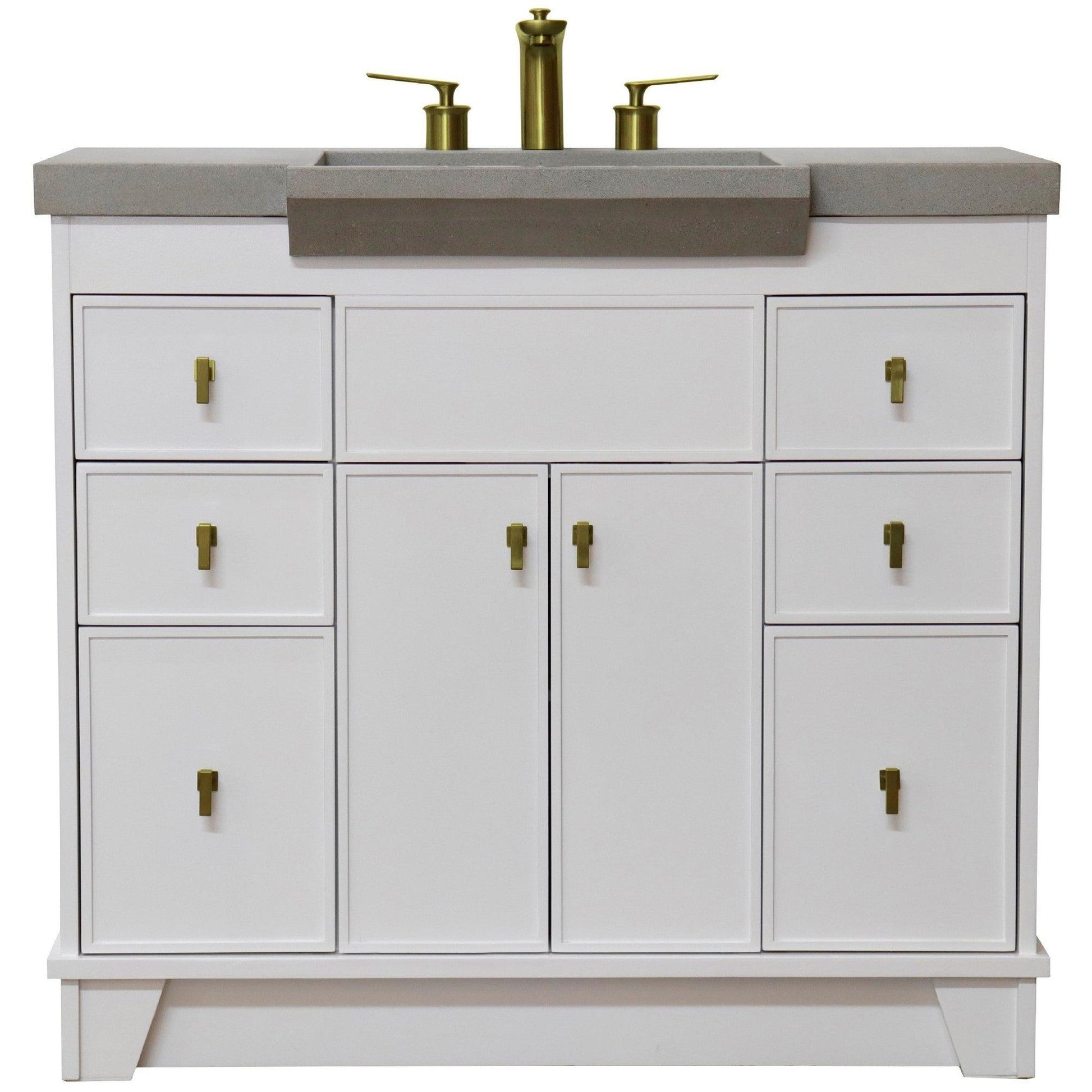 Bellaterra Home 39" 2-Door 6-Drawer White Freestanding Vanity Set With Concrete Integrated Sink and Gray Concrete Top, and Brushed Gold Hardware