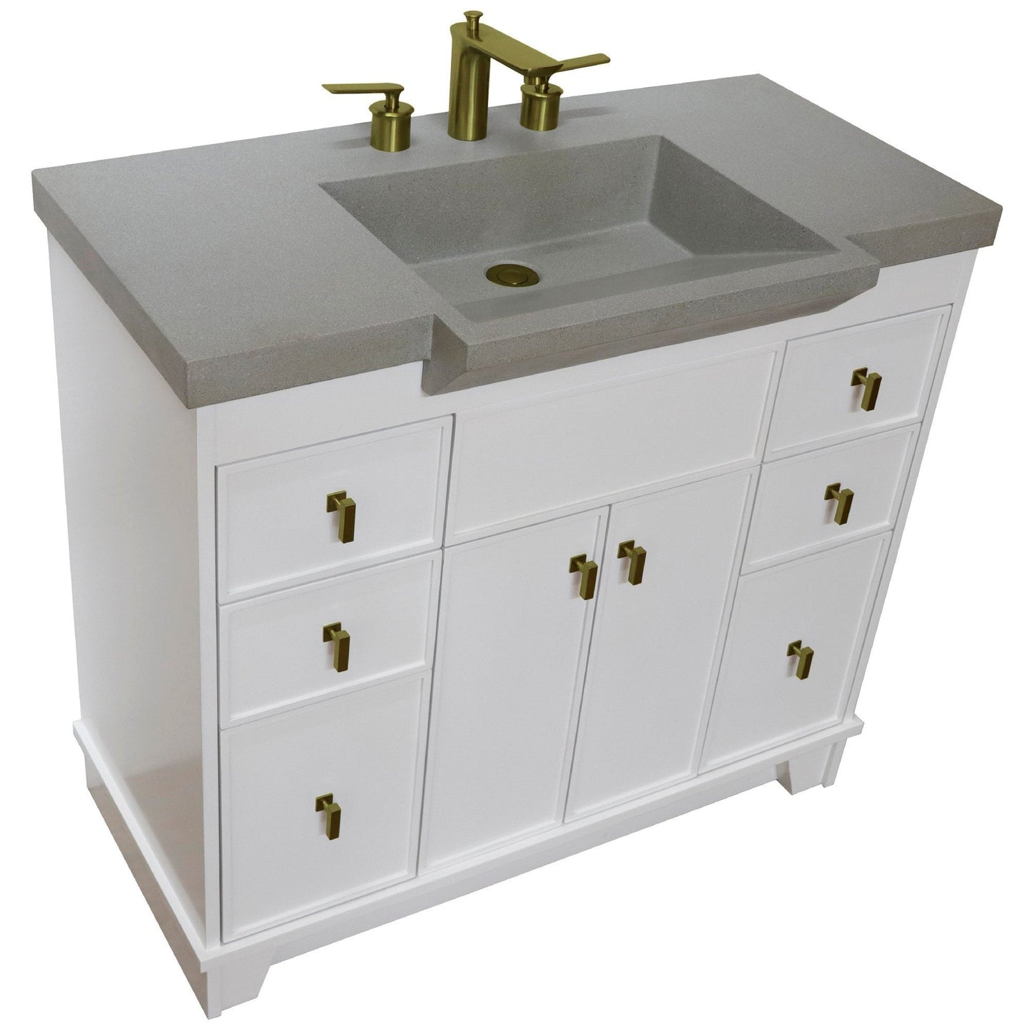 Bellaterra Home 39" 2-Door 6-Drawer White Freestanding Vanity Set With Concrete Integrated Sink and Gray Concrete Top, and Brushed Gold Hardware