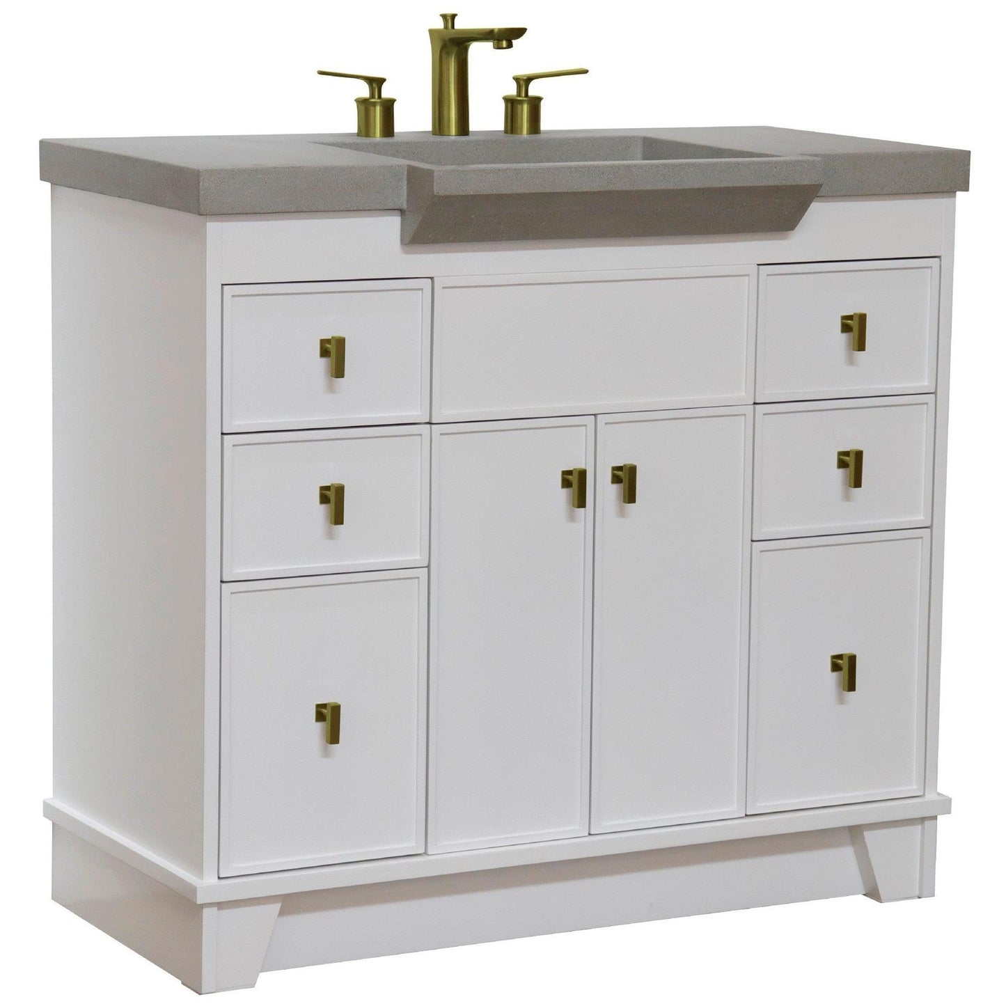 Bellaterra Home 39" 2-Door 6-Drawer White Freestanding Vanity Set With Concrete Integrated Sink and Gray Concrete Top, and Brushed Gold Hardware