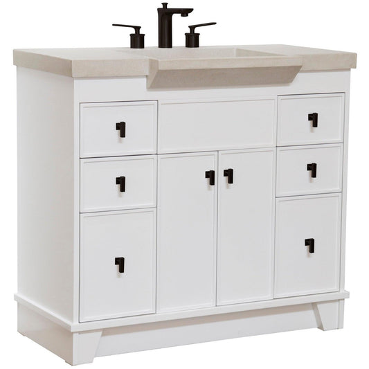 Bellaterra Home 39" 2-Door 6-Drawer White Freestanding Vanity Set With Concrete Integrated Sink and White Sand Concrete Top, and Black Hardware