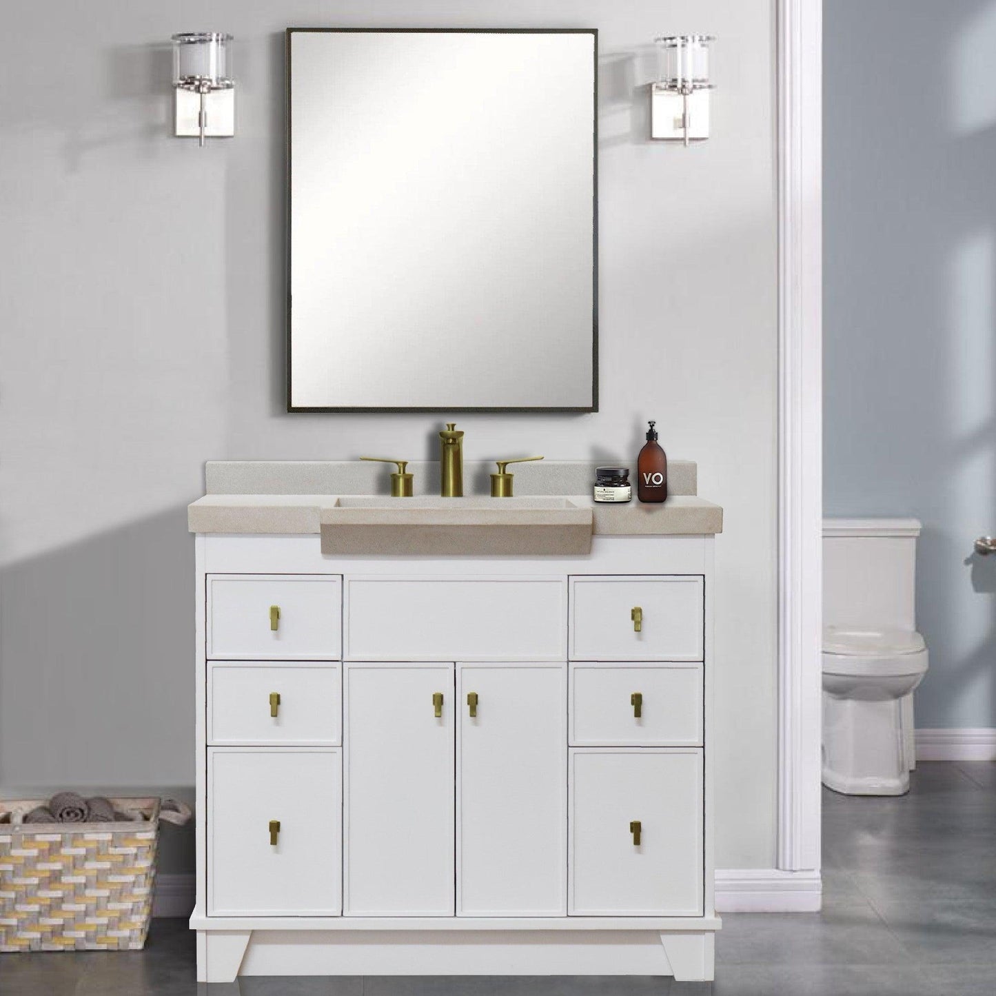 Bellaterra Home 39" 2-Door 6-Drawer White Freestanding Vanity Set With Concrete Integrated Sink and White Sand Concrete Top, and Brushed Gold Hardware