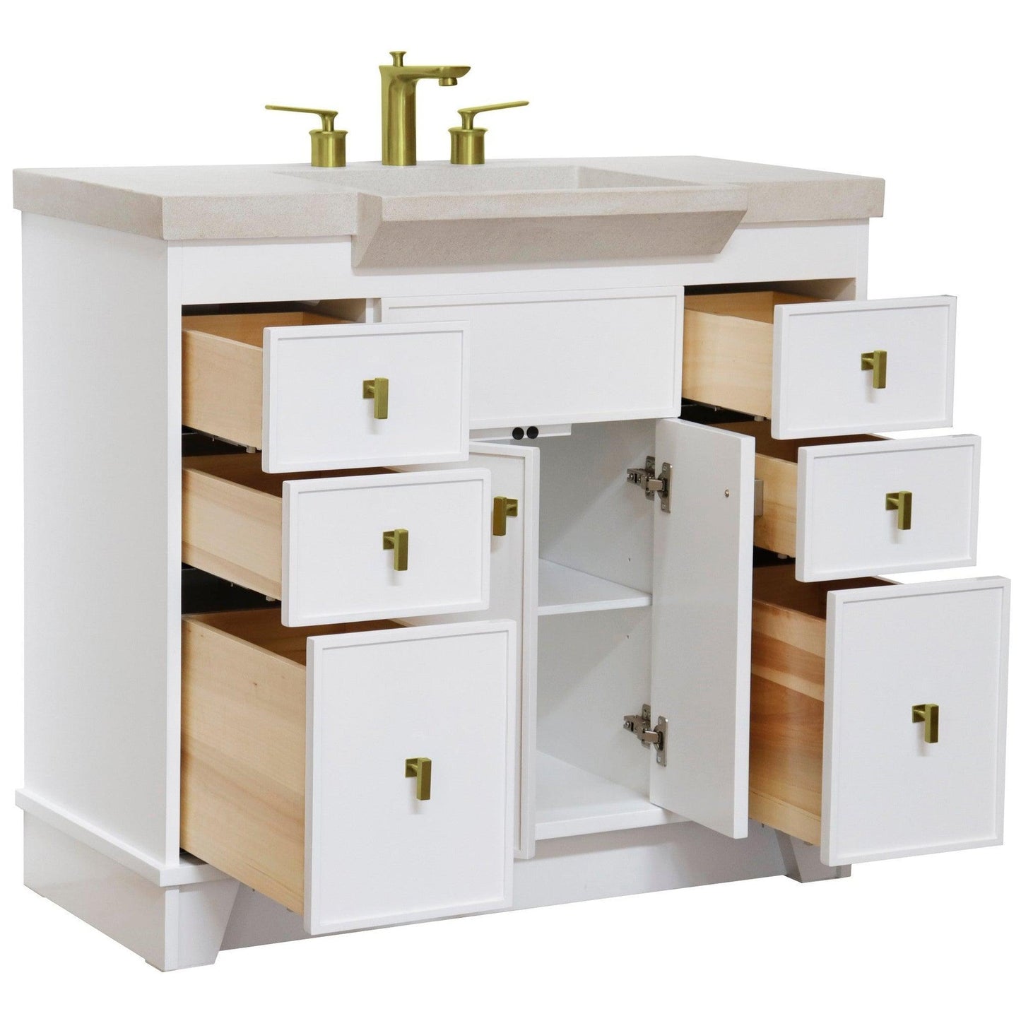 Bellaterra Home 39" 2-Door 6-Drawer White Freestanding Vanity Set With Concrete Integrated Sink and White Sand Concrete Top, and Brushed Gold Hardware