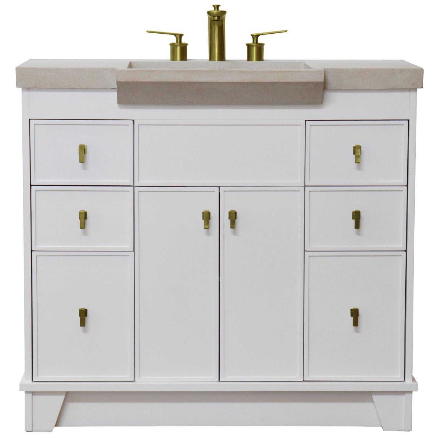 Bellaterra Home 39" 2-Door 6-Drawer White Freestanding Vanity Set With Concrete Integrated Sink and White Sand Concrete Top, and Brushed Gold Hardware