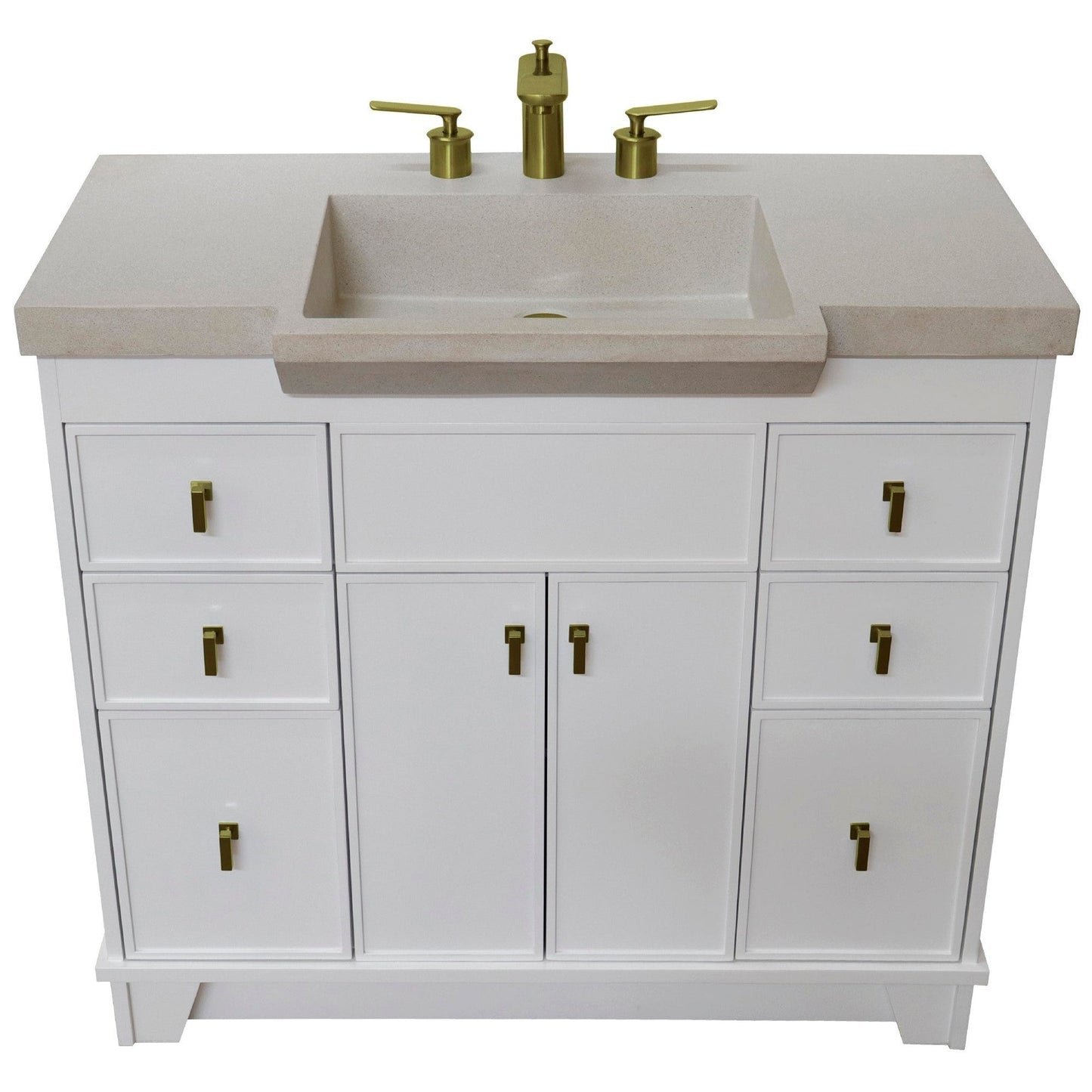 Bellaterra Home 39" 2-Door 6-Drawer White Freestanding Vanity Set With Concrete Integrated Sink and White Sand Concrete Top, and Brushed Gold Hardware