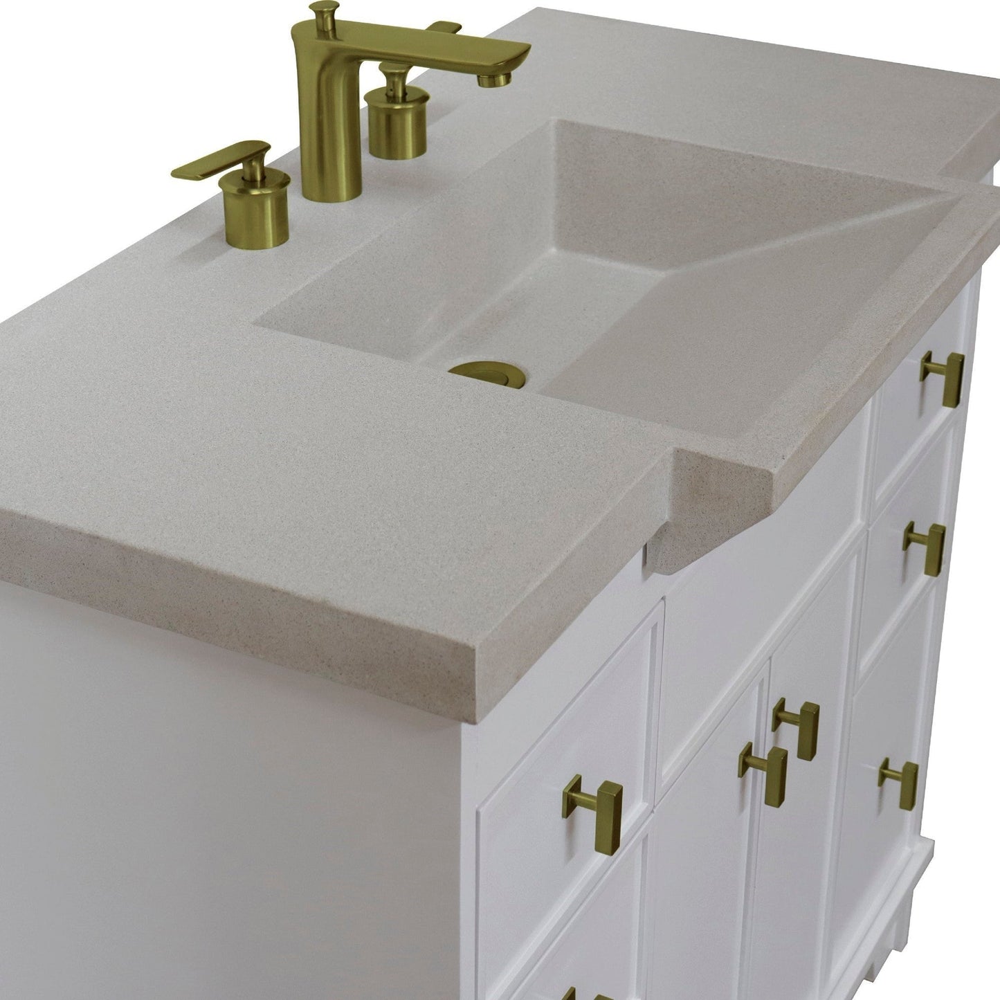 Bellaterra Home 39" 2-Door 6-Drawer White Freestanding Vanity Set With Concrete Integrated Sink and White Sand Concrete Top, and Brushed Gold Hardware