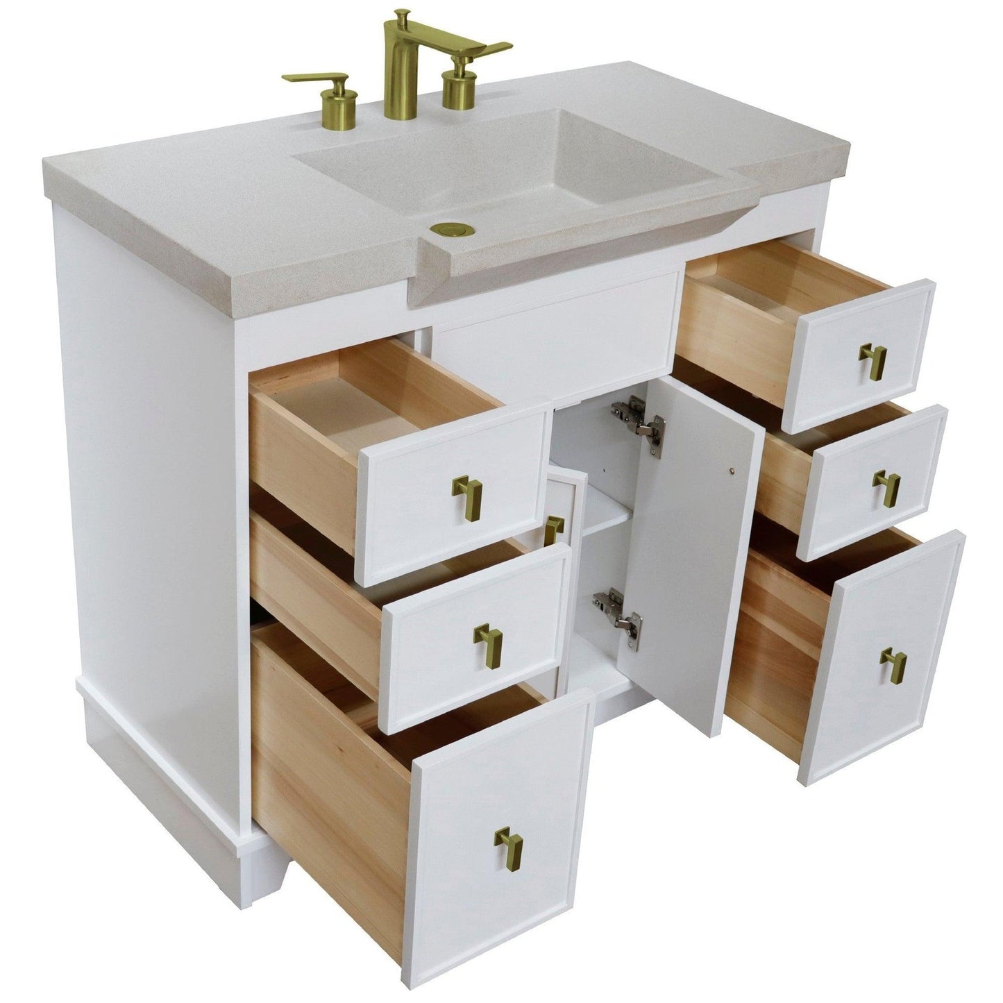 Bellaterra Home 39" 2-Door 6-Drawer White Freestanding Vanity Set With Concrete Integrated Sink and White Sand Concrete Top, and Brushed Gold Hardware