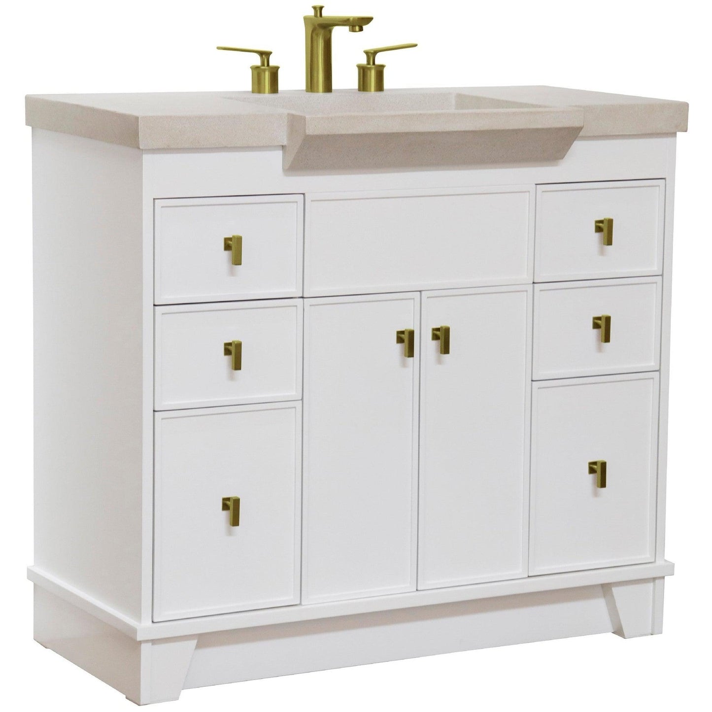 Bellaterra Home 39" 2-Door 6-Drawer White Freestanding Vanity Set With Concrete Integrated Sink and White Sand Concrete Top, and Brushed Gold Hardware