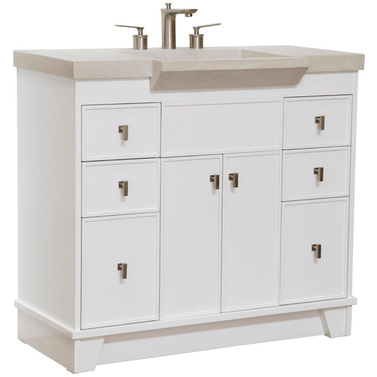 Bellaterra Home 39" 2-Door 6-Drawer White Freestanding Vanity Set With Concrete Integrated Sink and White Sand Concrete Top, and Brushed Nickel Hardware