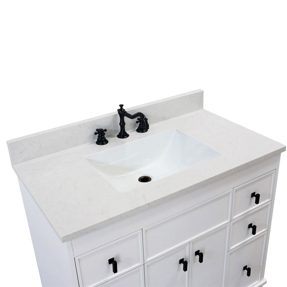 Bellaterra Home 3922-BL-WH-AQ 39" White Single Sink Vanity With Engineered Stone Top and Black Hardware