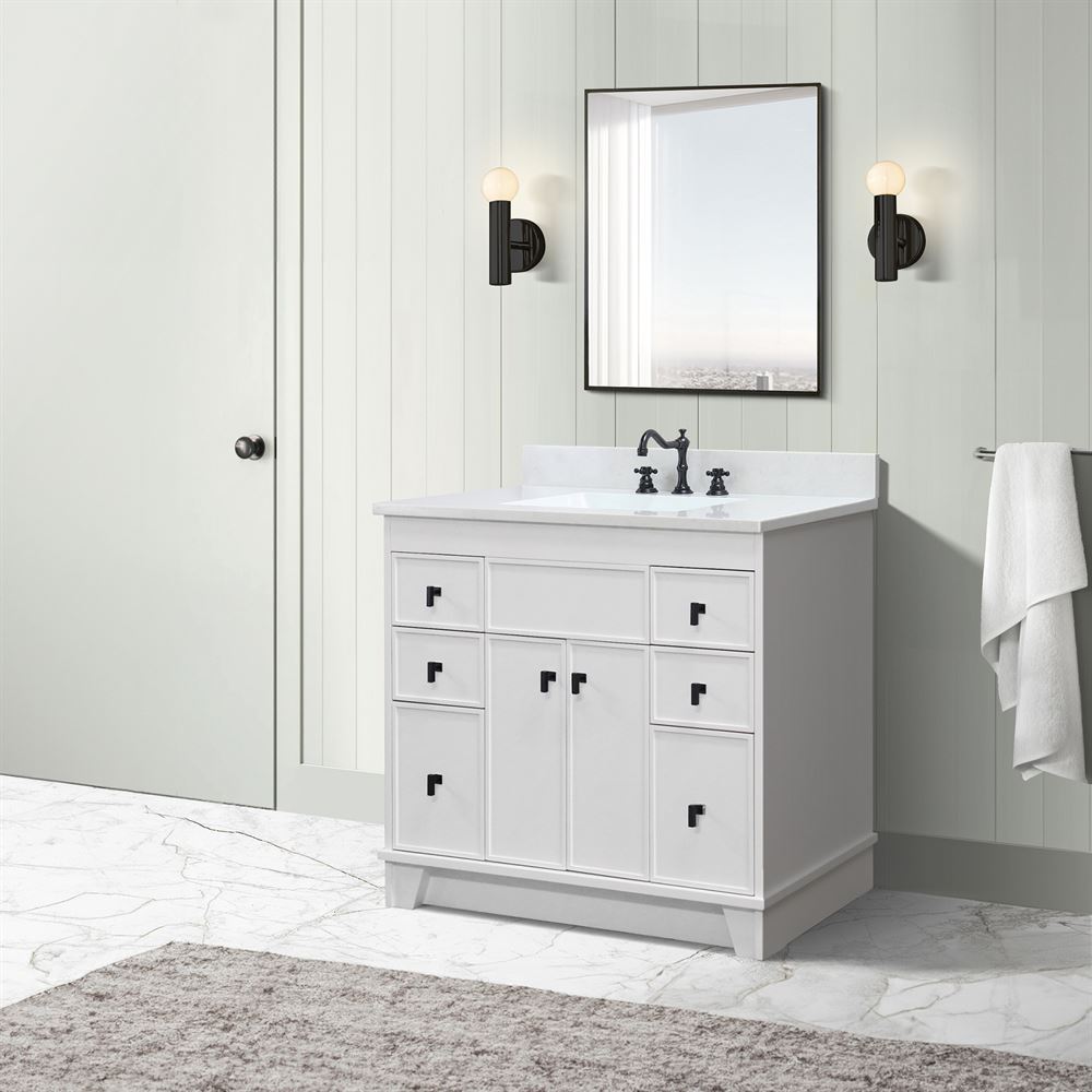 Bellaterra Home 3922-BL-WH-AQ 39" White Single Sink Vanity With Engineered Stone Top and Black Hardware