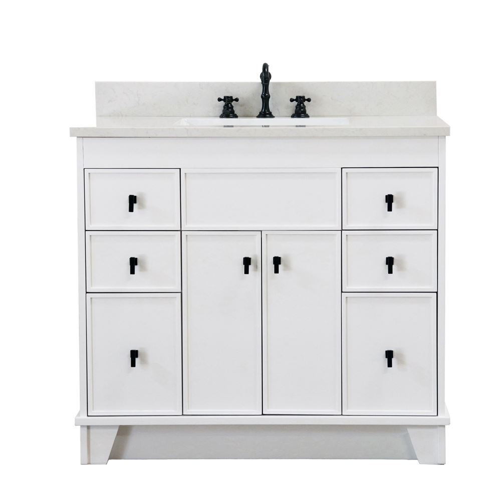 Bellaterra Home 3922-BL-WH-AQ 39" White Single Sink Vanity With Engineered Stone Top and Black Hardware