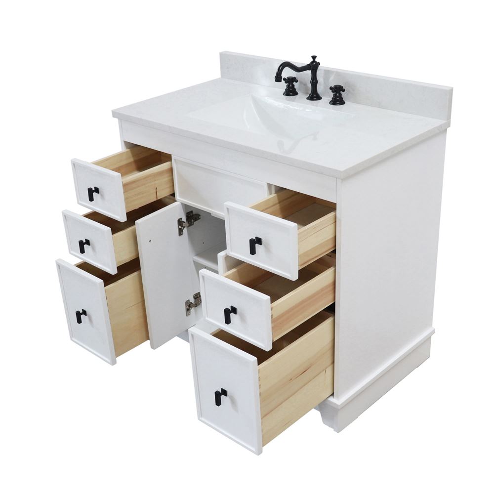 Bellaterra Home 3922-BL-WH-AQ 39" White Single Sink Vanity With Engineered Stone Top and Black Hardware