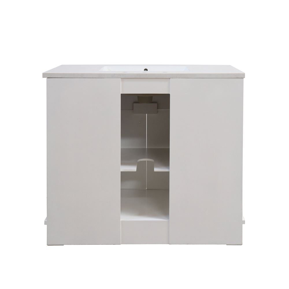 Bellaterra Home 3922-BL-WH-AQ 39" White Single Sink Vanity With Engineered Stone Top and Black Hardware