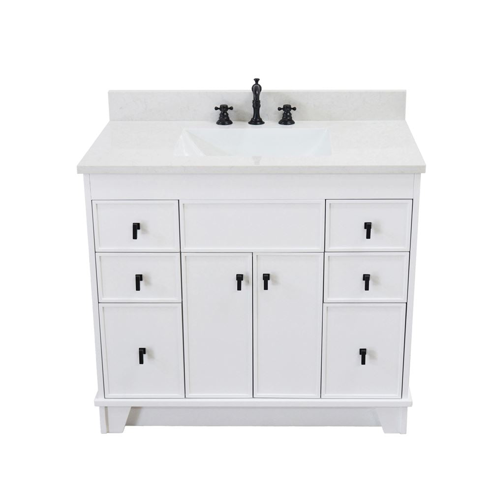 Bellaterra Home 3922-BL-WH-AQ 39" White Single Sink Vanity With Engineered Stone Top and Black Hardware